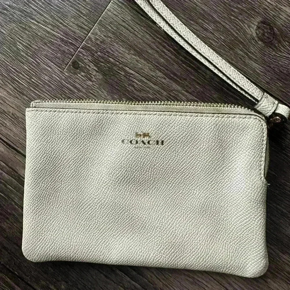 Coach Leather Wristlet Clutch in Cream - Pebbled Leather, Zip Closure - Picture 1 of 3